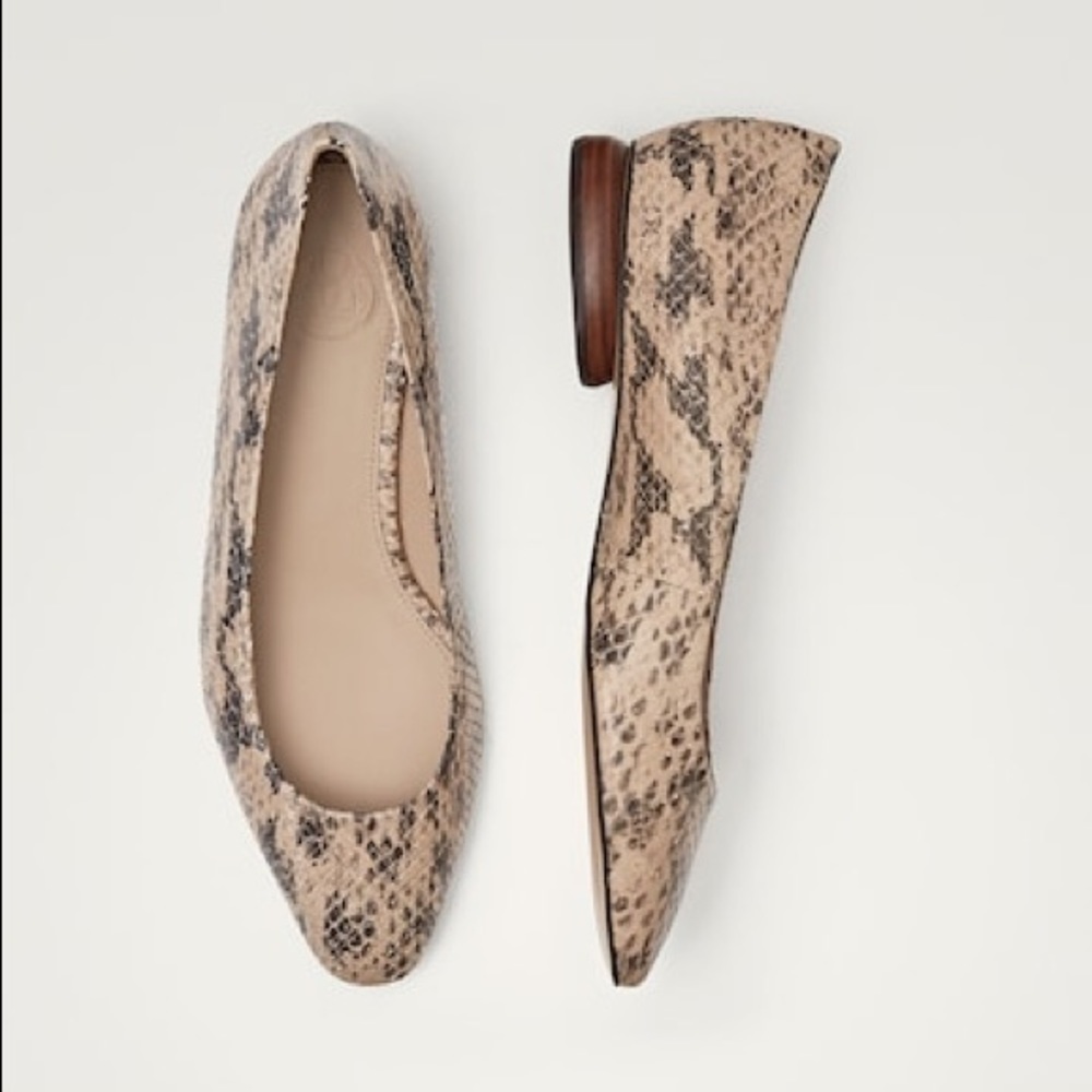 Massimo Dutti Beige Snake-Print Leather Ballet Flats